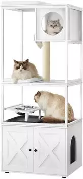 Feandrea Kratzbaum 3-in-1 mit Katzenklo-Schrank, Napfständer, Sisalstamm, wolkenweiß