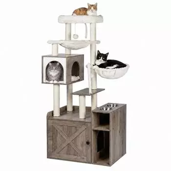 Relaxdays Kratzbaum mit Katzenklo-Schrank und Futterstation, 144x71x45,5cm, hellbraun (10053721_1510)