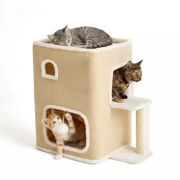 Relaxdays Katzenhaus 2-st&ouml;ckig mit Ball & Kratzbaum, beige (10053740_127)
