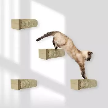 Rohrschneider Katzentreppe f&uuml;r Katzenwand Kletterwand Katzen Holz Natur Wandelemente Kratzstamm mit starkem Sisalseil Traglast bis 35 kg 7 x 7 x L 21 cm (4er Set)