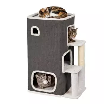 Relaxdays Katzenhaus 3-st&ouml;ckig mit Ball & Kratzbaum, grau (10053741)