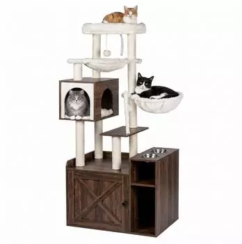 Relaxdays Kratzbaum mit Katzenklo-Schrank und Futternapf, braun (10053721_1502)
