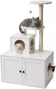 Relaxdays Kratzbaum mit Katzenkloschrank, 133x78x49cm, wei&szlig; (10053569_49)