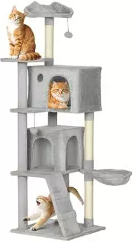 Pawhut Katzenbaum mit 2 H&ouml;hlen, H&auml;ngematte & Sisal-St&auml;mmen, 160cm, hellgrau