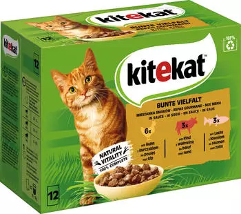 Kitekat Bunte Vielfalt in Sauce Nassfutter Huhn, Rind, Lachs 12x85g