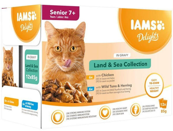 IAMS Delights Senior 7+ Katze NassfutterLand- und Seekollektion in Sauce 12x85g
