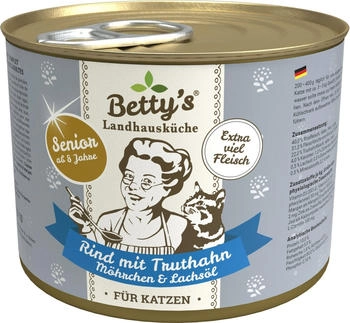 Betty's Landhausk&uuml;che Katze SENIOR Rind mit Truthahn, M&ouml;hrchen & Lachs&ouml;l 200 g