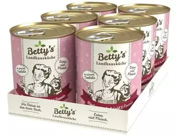 Betty's Landhausk&uuml;che Dose Nassfutter Katze getreidefrei beste Qualit&auml;t hochwertiges Fleisch schonend gegart f&uuml;r alle Katzenrassen geeignet Rind pur mit Lein&ouml;l 6 x 400 g