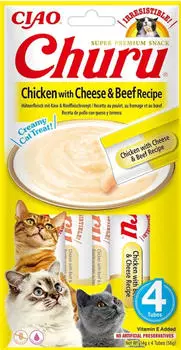 INABA Churu P&uuml;ree Katzensnacks Katzenpaste zum F&uuml;ttern aus der Hand Katzensticks mit Huhn & K&auml;se & Rindfleisch 4 Sticks x 14 g