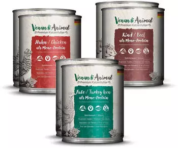 Venandi Animal Premium Nassfutter f&uuml;r Katzen Probierpaket I Huhn Pute Rind 6 x 800 g (6er Pack) getreidefrei und naturbelassen