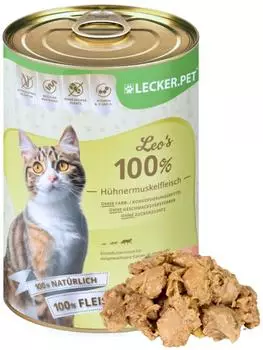 Lyra Pet 6 x 400 g Lecker.Pet Leo's 100 % H&uuml;hnermuskelfleisch Katzenfutter Nassfutter
