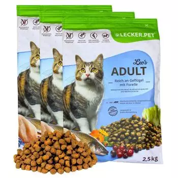 Lyra Pet 7,5 kg Lecker.Pet Leo's Adult Gefl&uuml;gel & Forelle Katzenfutter Trockenfutter Vollnahrung MHD 4/2026