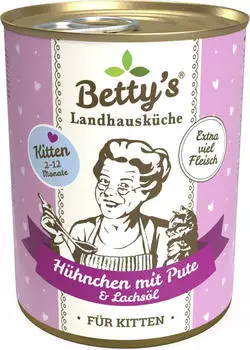 Betty's Landhausk&uuml;che Katzen-Nassfutter Kitten H&uuml;hnchen mit Pute & Lachs&ouml;l 400g