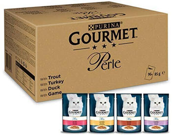 Gourmet Perle Erlesene Streifen Mix mit Forelle Truthahn Ente und Wild 96x85g