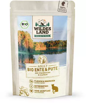 Wildes Land Bio Ente und Pute mit Cranberries und Lachsöl 85g Wildes Land Bio Ente und Pute mit Cranberries und Lachsöl 85g