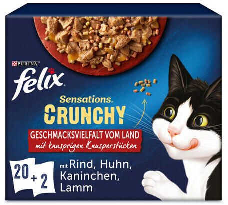 Felix Sensations Crunchy in Gelee Geschmacksvielfalt vom Land 20x84g +2x40g Knusperstückchen