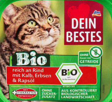 Dein Bestes Nassfutter Katze Bio Rind, Kalb & Erbsen 100 g Test  Testbericht.de-Note: 82/100 vom (Oktober 2023)