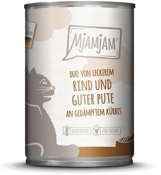 Mjamjam DUO Katze Nassfutter Rind & Pute an ged&auml;mpftem K&uuml;rbis 400g