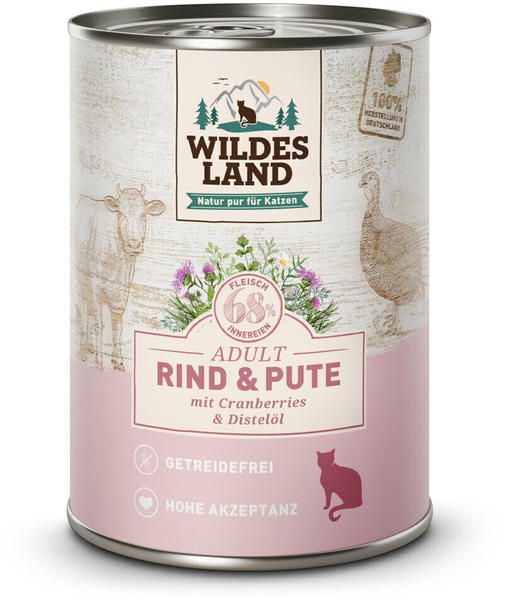 Wildes Land Adult pur Rind & Pute mit Cranberries & Distelöl Katzen-Nassfutter 400g