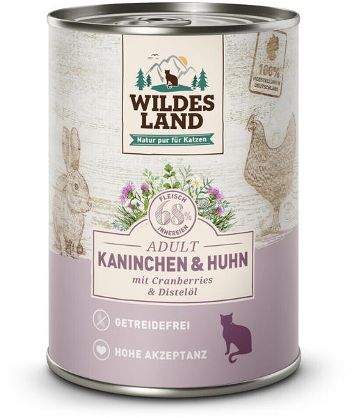 Wildes Land Adult pur Kaninchen & Huhn mit Cranberries & Distelöl Katzen-Nassfutter 400g