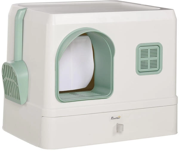 Pawhut Katzentoilette Katzenklo mit Schaufel Schublade Deodorant ABS PP Weiß+Grün BxLxH: 40x50x40 cm