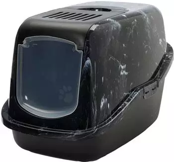Savic Katzentoilette Nestor Marble Schwarz/Weiß Moderne Vorderseite zum Öffnen Kohlefilter integrierter Griff 56 x 39 x 38,5 cm