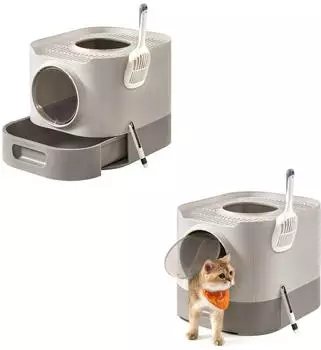 Feandrea 2er Katzentoilette mit Deckel ausziehbares Tablett beige