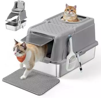 Feandrea Edelstahl Katzentoilette XL mit Deckel 2 Eingängen grau
