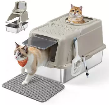 Feandrea Edelstahl Katzentoilette XL mit Deckel 2 Eingängen beige