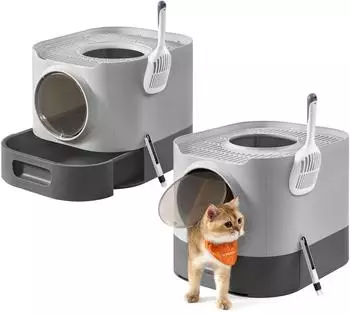 Feandrea 2er Katzentoilette mit Deckel ausziehbares Tablett grau