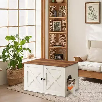 Feandrea Katzenklo-Schrank mit herausnehmbarer Trennwand 80 x 53 x 50 cm honigbraun-vintagewei&szlig; PCL002P01V1