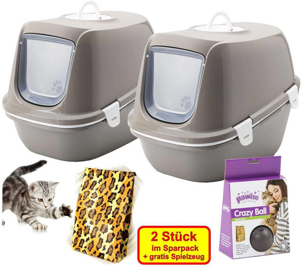 PETGARD Katzentoilette REINA 2er Sparpack + Sieb + Katzenspielzeug warmgrey