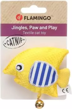 Flamingo Strellow Fisch 9,5cm Textil mit Glöckchen & Catnip gelb Spielspaß für Katzen