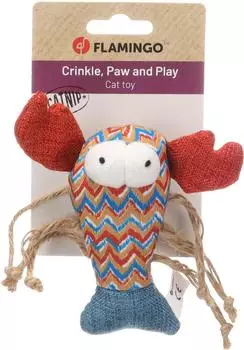 Flamingo Robla Krebs 13cm Textil mit Knistergeräusch Catnip & Bändern bunt lustiges Spielzeug