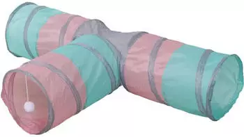 Kerbl Pet Katzentunnel Triangle Spieltunnel t&uuml;rkis rosa grau 80x50cm &Oslash;25cm Polyester Katzen inkl. Spielball 4 Eing&auml;nge