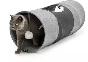Lionto Katzentunnel mit Spielball 30x70 cm Faltbarer erweiterbarer Spieltunnel aus pflegeleichtem Faux-Linen-Material f&uuml;r Katzen Robustes 30 cm Durchmesser