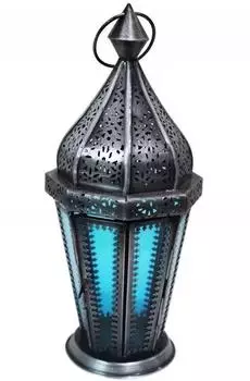 Marrakesch Orient & Mediterran Interior Ajda Tischlaterne Metall & Glas, blau, 29cm (am-72259-B)