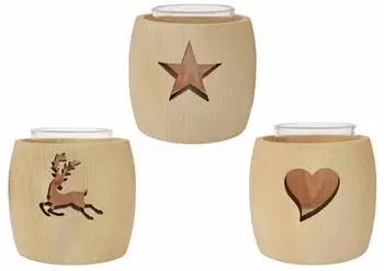 Erst-Holz Teelichthalter Zirbenholz mit Glas, Ausschnitt Stern, 3er-Set (V-40.10-001)