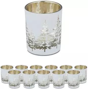 Relaxdays Teelichthalter 12er Set Tannenbaum-Motiv, Glas, weiß-gold (10042177)