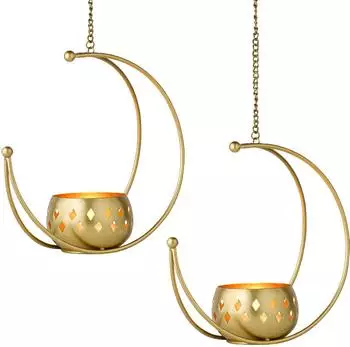 Marrakesch Orient & Mediterran Interior Afmia Hänge-Teelichthalter Boho, Metall, gold, 2er-Set, 23cm (am-a0325-mk-2er)