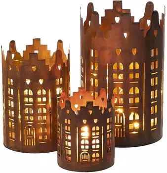 Spetebo Skyline Weihnachts-Windlicht 3er-Set, Metall, Rost-Optik, 10/15/20cm (83789)