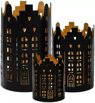 Spetebo Windlicht Skyline rund 3er-Set, Metall, schwarz (3814)