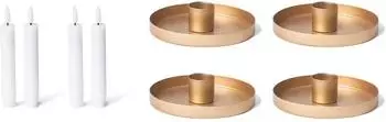 Novaliv Stabkerzenhalter 4er-Set, rund, Metall, gold, 14cm, mit LED-Kerze (20419-20792-4x)