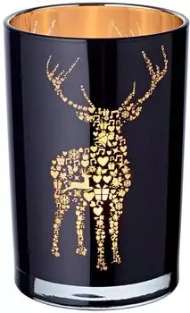 Edzard Fancy Teelichtglas, schwarz/gold, Hirsch-Motiv, 18cm (7164)