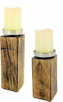 Spetebo Kerzenständer Mangoholz mit Alu-Kerzenteller, 2er-Set, 20/25cm (62235)