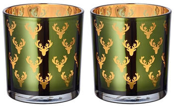 Edzard 2er Set Teelichtglas Dirk (8 cm ø 7 cm) grün/gold Windlicht Hirsch
