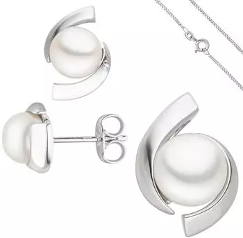 Schmuck Krone Schmuck-Set Weißgold 333 Süßwasserperlen, Ohrstecker, Anhänger & Kette 42cm (24943)