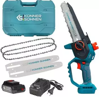 Könner & Söhnen Akku- KS MCS20V-8 Case 1-tlg. mit 8″ (20 cm) Schiene und 8 m/s Kettengeschwindigkeit mit 20V Akku-Ladegerät sowie 2 Schienen und 2 Ketten à 8