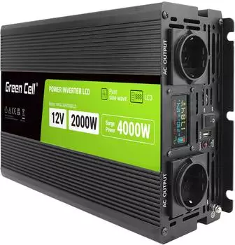 GreenCell PowerInverter LCD Wechselrichter 12V/230V 2000W reiner Sinus (INVGC12P2000LCD)