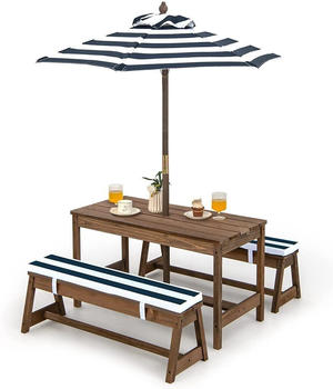 Costway Kinder Picknicktisch mit Sonnenschirm Holz blau
